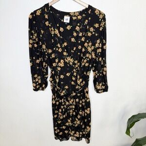 Cabi Debut Black Orange Floral Faux Wrap Long Sheer Sleeve Dress Womens Medium
